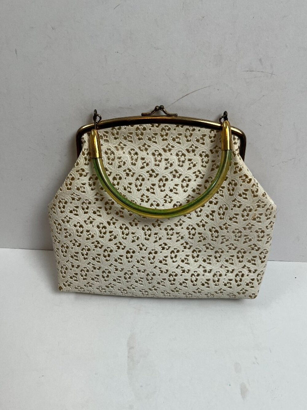 1960 Cream Lucite Bag  Embossed Floral Lace Pattern